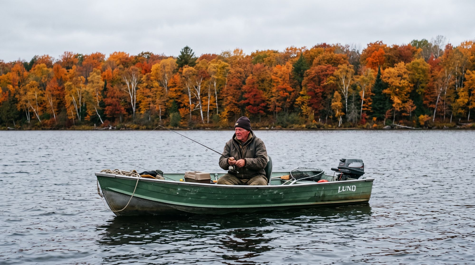 Angler in a boat on a gray Minnesota lake in fall with shoreline trees turning color