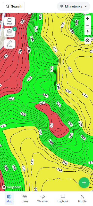 Fish Guide Pro depth-shading contour map of a Lake Minnetonka bay showing two shallow humps around 9 to 10 feet rising out of surrounding 15-to-20-foot green water, with a deeper 24-foot yellow zone to the lower right
