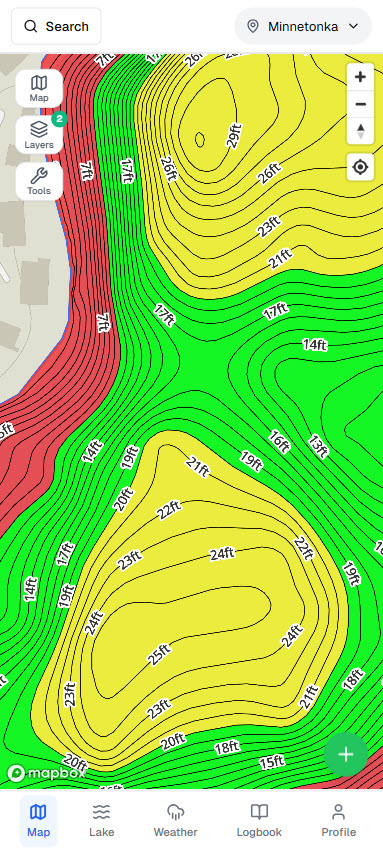 Fish Guide Pro depth-shading contour map of a section of Lake Minnetonka showing two adjacent deep basins reaching 25 and 29 feet, separated by a shallower green saddle, with a red shallow band along the shoreline