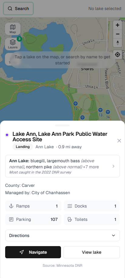 Access card for Ann Lake showing distance and which fish the DNR found most often in the 2022 survey