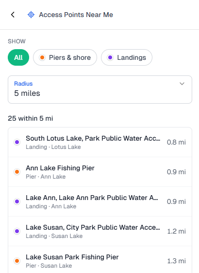 Fish Guide Pro access list showing public fishing piers and landings near you in Minnesota sorted by distance